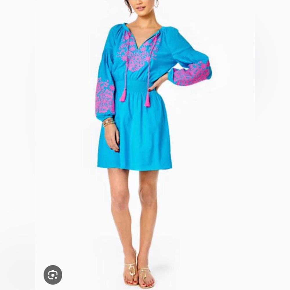 Lilly Pulitzer embroidered puff sleeve smocked waist dress XS turquoise pink NWT